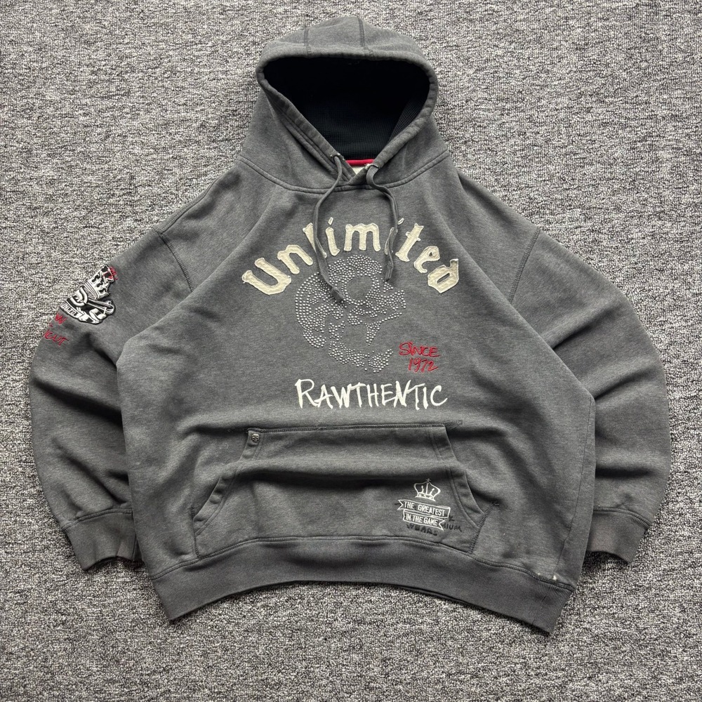 Y2K Distressed Ecko Unltd Graphic Hoodie Rawthentic Studded Skull Grey Mens XL